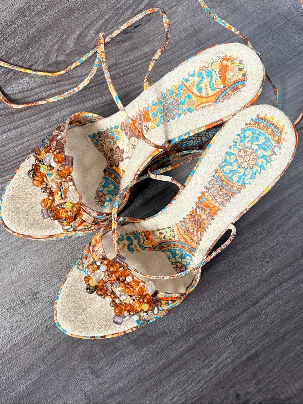 Vintage Beaded Paisley Platform Wedge Sandals - Orange/Teal - Picture 2 of 4